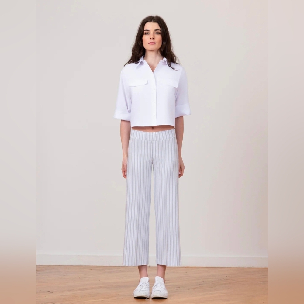 Avenue Montaigne High Rise Flavia Striped Blue Linen-Blend Women’s Pants, 10